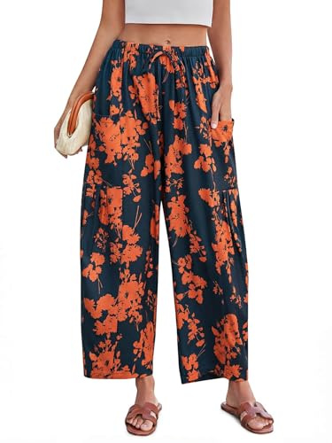 Yousify Womens Wide Leg Pants High Waisted Drawstring Floral Pants Summer Casual Beach Trousers with Pockets Yellow