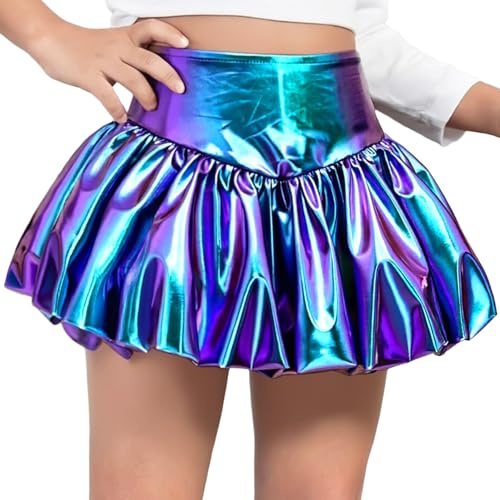 inlzdz Enfants Filles Jupe Courte Bubble Ballon Jupe de Danse Taille Haute Shiny Carnaval Nouvel an Tenue de Danse Bleu 11-12 Ans