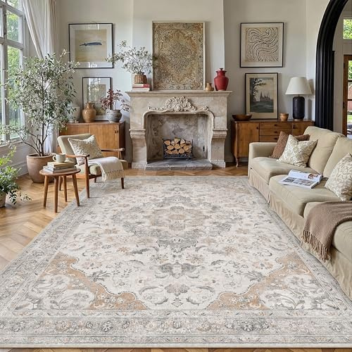 PureCozy Teppich Wohnzimmer 200x300cm Waschbarer Vintage Beige Tepiche for Schlafzimmer kurzflor rutschfest Weich Retro Orientalischer Carpet für Living Room Küchen Esszimmer Bedroom