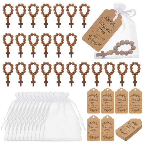 OLYCRAFT 36 Sets Holzkreuz Rosenkränze mit Kreuzanhänger 80 mm Braune Holz Finger Rosenkranz Perlen Natürliche Holzperlen inklusive Braune Dankeskarten und Weiße Organza Beutel für Gäste Geschenke