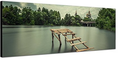Augenblicke Wandbilder Keilrahmenbild Wandbild 150x50cm See Holzsteg Bäume Kirche Himmel