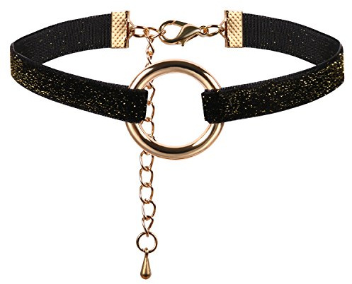 JewelryWe Schmuck Damen Choker Halskette mit O-Ring Anhänger Stretch Samtleder Velvet Gothic Halsband Sexy Kette Handarbeit, 6