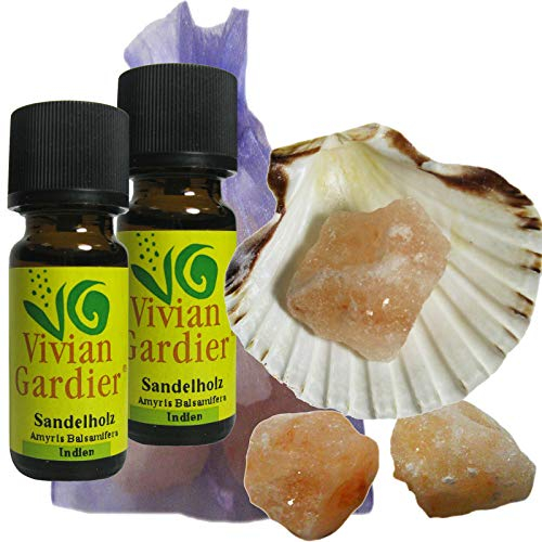 Sandelholz ätherisches Öl Tantraöl 2 x 10ml (20ml) 100% naturrein aus kontrolliertem Anbau. 7-tlg Aroma Therapie Duft Set mit Muschel + 3x Himalaya Salz Kristalle zum Beduften + Säckchen 50047