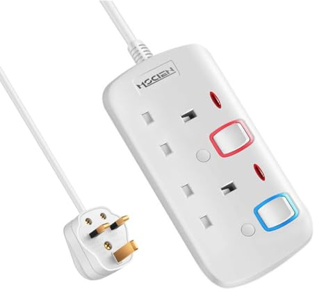 Mscien 3M Extension Lead, 2 Sockets Way Extension Cable, Double Socket Power Strips with Individual Switches Wall-Mountable 3Metre, 250V