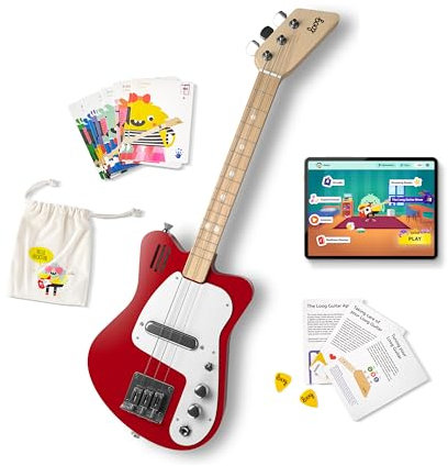 Loog Mini Electric kids Guitar for Beginners built-in Amp Ages 3+ Learning App and Lessons Included Red