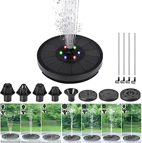 Solar Springbrunnen, Klein Solar Gartenbrunnen 3.7W Teichpumpe Solar Wasserpumpe mit 6 Bunten LED 7 Verschiedene Sprühdüsen Lichtern Pool Springbrunnen Solarbrunnen Schwimmender Fontäne Pumpe