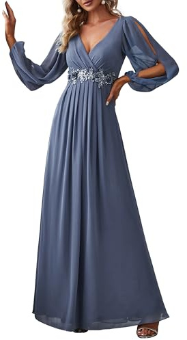 Ever-Pretty Robe Mère de Mariée Grande Taille Femme Longue Manche Longue Col V en Mousseline Applique Plissé EE00466