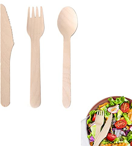 300 Stück Holzbesteck, Einwegbesteck, Bio Holzbesteck Set, 100% Natürlich, Biologisch Abbaubar, Umweltfreundliches und Kompostierbares, für Camping, Picknick (100 Gabeln, 100 Löffel, 100 Messer)