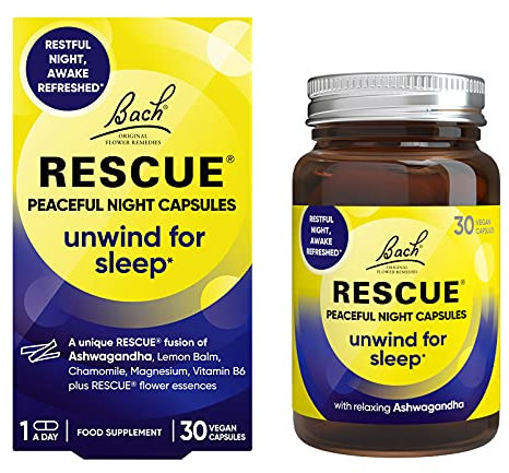 Rescue Peaceful Night Capsules | Natural Sleep Support | Bach Original Flower Essences | Ashwagandha KSM-66 | Magnesium | Chamomile | Vitamin B6 | 30 Vegan​ Capsules