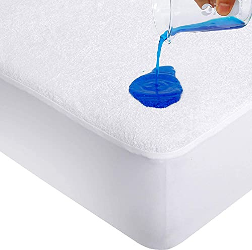 British Home Bedding - 100% Waterproof Anti Allergy Terry Towel Mattress Protector Cotton Fitted Sheet (Double)