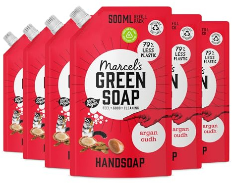 Marcel's Green Soap - Handseife Nachfüllpack Argan & Oudh - Nachfüllbeutel - Mikroplastikfreie Formel - Vegan - Verpackung recycelbar - 500 ml (6er Pack)