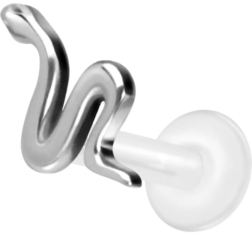 PIERCINGLINE PTFE Labret mit Gewinde Titan Aufsatz SCHLANGE Piercing Lippe Nase Ohr Helix Tragus Medusa Silberfarben 1,2 x 10 mm