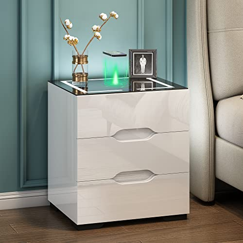 Jehiatek Bedside Table with Wireless Charging, Bedside Cabinet with 2 USB Ports and Led Light (Touch-Control), Nightstand with 3 Drawers for Bedroom, 41 x 48.5 x 55CM, White