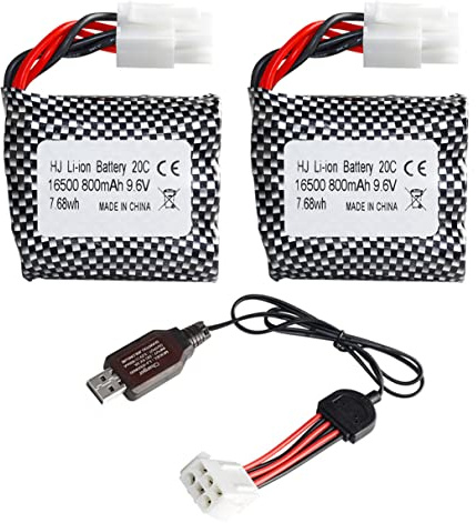 Yangers 2 pièces batteries Li-ion rechargeables 9,6 V 800 mAh, rc batterie jouets 20C EL-6P connecteur avec chargeur USB pour voiture télécommandée hors route camion Jumper Véhicule Drift Monster Toys