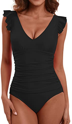 LAPHEE ROSE Women's Ruffled One Piece Swimsuit Tummy Control Bathing Suits Swimwear (Style30-Black,L)