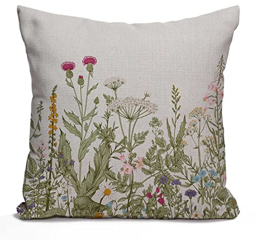 Tomda Floral Cushion Cover 45x45cm 18x18 Inch, Vintage Green Floral Flower Botanical Cotton Linen Pillow Cover for Home Sofa Chair Decor Farmhouse Pillow Case