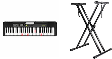 Casio LK-S250 CASIOTONE Leuchttastenkeyboard mit 61 anschlagdynamischen Tasten im Piano-Look, schwarz & RockJam Xfinity Doublebraced Pre Assembled Keyboard Stand with Locking Straps