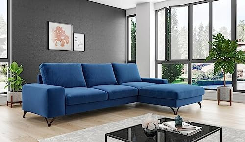 Design Möbel Ecksofa mit Schlaffunktion Eckcouch mit Bettkasten Schlafsofa Sofa Schlafcouch Sofa mit schlaffunktion Schlafsessel Gästebett Klappsofa Big Sofa OLIVIO 1 BLAU