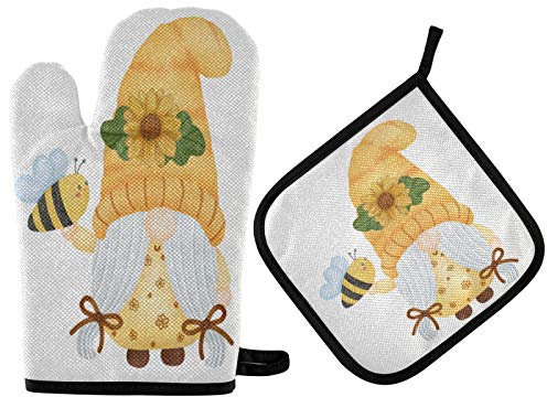 Gants De Cuisine Et Maniques Gnomes Abeilles Tournesol Gants avec Maniques Mitaines De Four Anti Chaleur Gants De Cuisine pour Cuisson Grillade Femmes