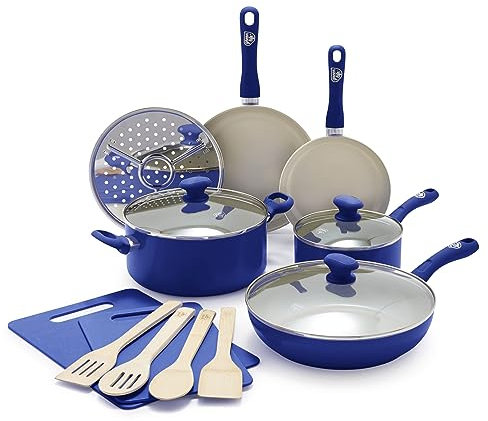 GreenLife Sandstone Healthy Ceramic Nonstick, 15 Piece Kitchen Cookware Pots and Frying Sauce Pans Set, PFAS- Free, Dishwasher Safe, Blue