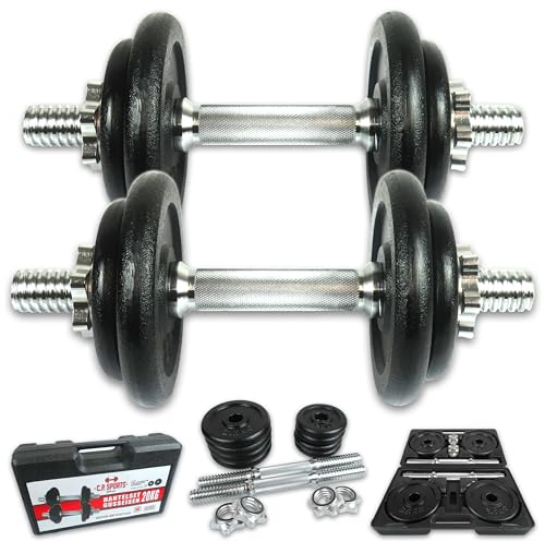 C.P.Sports Gusseisen Kurzhantelset 20KG im Koffer | 2er Set Kurzhanteln – 2 Hantelstangen + 8 Hantelscheiben + 4 Verschlüsse | Hanteln für Kraftsport, Hanteltraining, Bodybuilding, Fitness, Home Gym