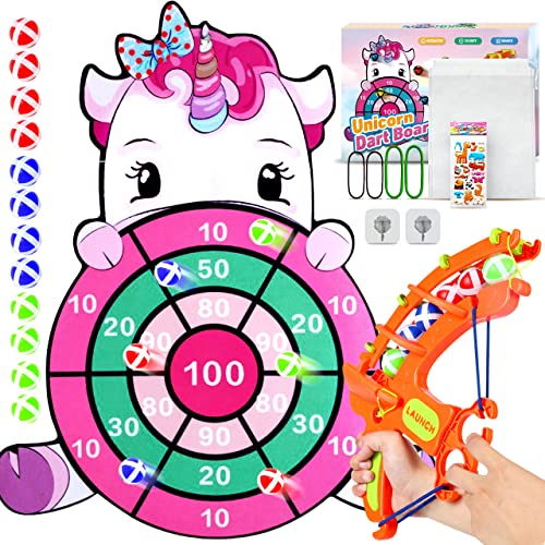 Einhorn Geschenke für Mädchen 3-12 Jahre, Klettballspiel Dartscheibe Kinder Spielzeug ab 4-12 Jahre Mädchen Partyspiele Kinder Einhorn Geburtstagsdeko Wurfspiel Kinder Dartscheibe Kinder Klett