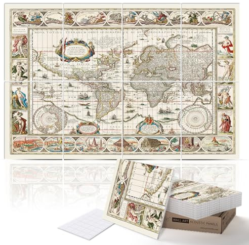 PINWELIFE® Wall Art Acoustic Panels, Sound Proof Absorbing Panels for Home/Office, Decorative Absorbing Dampening, Noise and Echo Cancelling, 120x80cm (Vintage World Map)