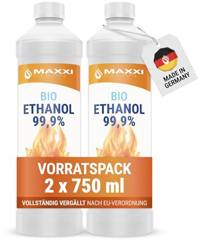 Maxxi Clean | 2X 750 ml Bioethanol für Tischkamine | Made in Germany | geruchsneutral und rußfrei bei Indoor,- und Outdoor Ethanol-Kaminen | geeignet für Raum,- und Gartenfeuer mit Alkohol-Kamin