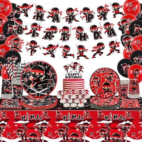 Ninja Geburtstag Dekoration - Happy Birthday Banner mit Geschirr, Tischdecke, Luftballons für Karate-Party-Warrior-Master - Partyzubehör für Jungen und Mädchen (20 Personen)