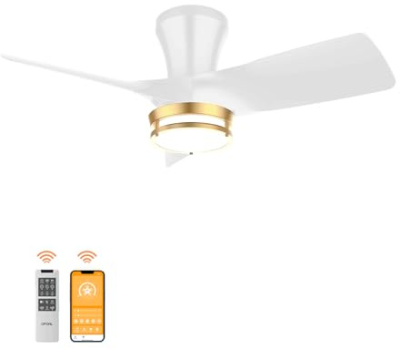 OPONL - 30 Inch White Low Profile Ceiling Fan with Light, with Gold Edge Ring, Large Air Volume, Flush Mount Ceiling Fan for Bedroom Kitchen Dining Room