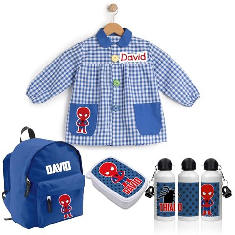 PACK VUELTA AL COLE Babi/mandilón/bata, mochila infantil, botella y fiambrera personalizada. Ideal para ir al colegio o guardería. Regalos personalizados. Diferentes modelos a elegir (Spider)
