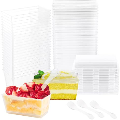 Mispudin 50 Piezas Tazas de Postre, 160ml Vasos de Postre de Plástico Rectangulares con Tapa y Cucharas, Vasitos Aperitivos Transparente Reutilizables, Vasitos para Postres para Pudín, Mousse, Helado