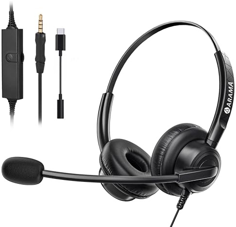 Arama Headset Handy mit Mikrofon Noise Cancelling, PC Kopfhörer 3,5mm Klinke für Fritzfon c6 c5 iPhone Samsung Laptop Tablet Computer Business Call Center Home Office Skype Zoom Meetings, Klar Chat