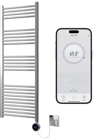 Greened House Chrome Electric WiFi Heated Towel Rail 500mm W x 1400mm H | Smart WiFi Controlled, Flat Design, 7 Day Programming, App Compatibility