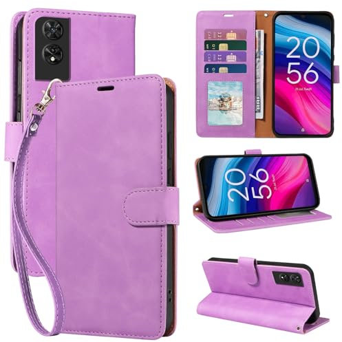 GOTOURED for TCL 505 Phone Case Wallet Wrist Strap Purple, RFID Blocking 4 Card Slots, Kickstand, Magnetic Closure, Shockproof Protective Soft Leather Flip Cover