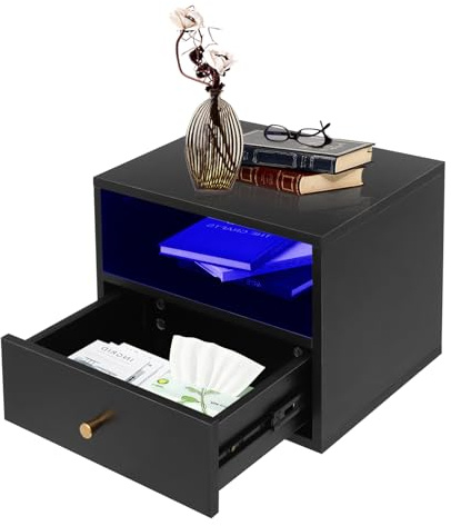 KAPIPALA Wandmontage Nachttisch mit LED-Beleuchtung Dimmbar Fernsteuerung 1 Schubladen 1 Offene Fächer Wandnachttische für Hauses Hotels Gästehauses 45x30x35cm (Schwarz)