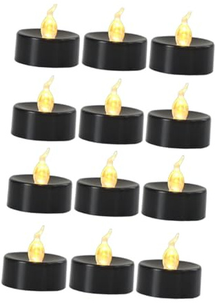 Fenteer 12x Schwarze flammenlose Teelichter, künstliche elektrische LED-Teelichter, realistische LED-Teelichter für den Halloween-Hochzeitstisch, Warmweißer Blitz