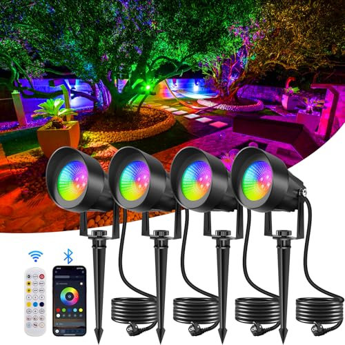NATPOW Faretti da Esterno Giardino RGB, 4 Pezzi Lampioni da Giardino RGB con Telecomando e Bluetooth, Impermeabile IP65 Faretti Esterno Smart per Terrazza, Albero, Sentieri