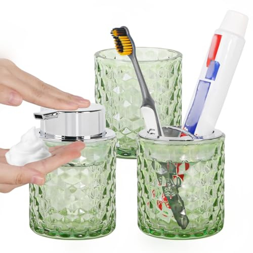Fvstar Set di 3 accessori da bagno, portaspazzolino in vetro, dispenser di sapone schiumoso, bicchiere da bagno, portasapone e portaspazzolino, decorazione per il bagno degli ospiti in vetro (verde e