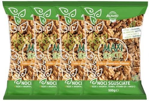 Alfano dal 1940 Noci Sgusciate Maxi Scorta 500g Ricche di Magnesio, Tiamina, Vitamina B6 e Omega 3 Snack Ideale per una Dieta Equilibrata e Vegana (4 Pezzi)