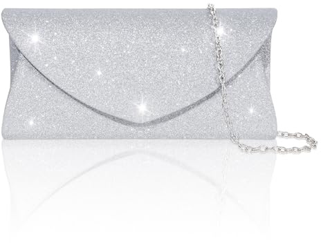 Toptime Clutch Silber, Glitzer Abendtasche Damen mit Abnehmbare Kette, Elegante Envelope Silberne Handtasche für Frauen, Pailletten Umhängetasche Damen Klein für Hochzeit, Bankett, Dating, Party