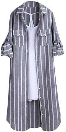 Angxiwan Linen Shirt Women Blue Plaid Shirts for Women UK Plus Size Button Long Sleeve Summer Cardigan Casual Loose Fit Flowy Hem Tunic Tops Elegant Collar Bardot Tops