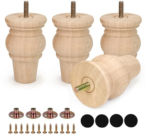 Aiminjey 10cm Wooden Furniture Legs with Mounting Plates Screws Set of 4 Solid Wood Unfinished Round Replacement Furniture Feet for Couch Cabinet Sofa Ottoman TV Stand Home DIY Projects