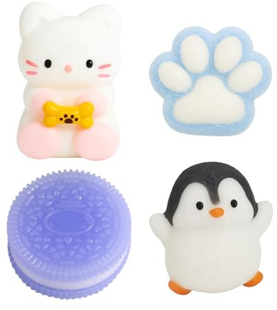 SSKHE Set med 4 Taba Squishy - lila Oreo + blå katttass + svart och vit pingvin + vit kattunge | klämbara anti-stressleksaker för stressavlastning