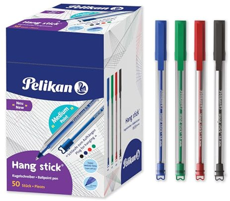 Pelikan Hang Stick Kugelschreiber Blau, Schwarz, Rot, Grün 50er Pack, 1 mm Spitze, ergonomischer Dreikant-Griff, mit Clip & Aufhängeschlaufe
