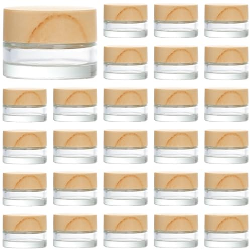 Lot de 32 petits pots de maquillage rechargeables en verre transparent avec couvercles en bois naturel pour lotions, crème pour les yeux, baumes et baumes - 5 ml