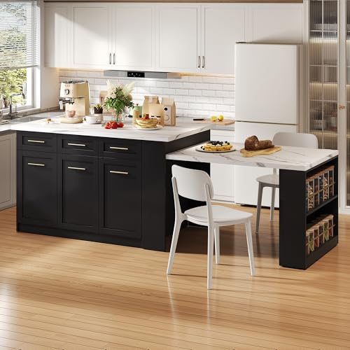 Wyibwy Isla de cocina multifuncional con mesa de comedor blanca extensible (150 cm + 96 cm), isla de cocina central con muebles de almacenamiento integrados, encimera de madera efecto mármol (negro)