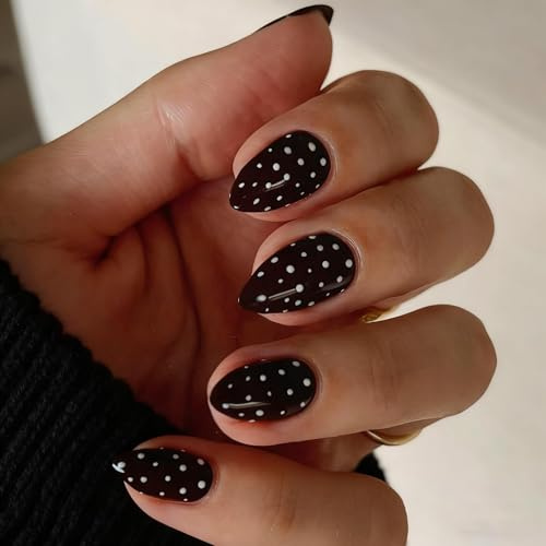 SXVME Black Press On Nails Almond, Polka Dot False Nails Short Stiletto, Fake Nails with Designs, Cute White Polka Dot Nails Press ons, Reusable Soft Gel Glue On Nails for Women, 30 Pcs