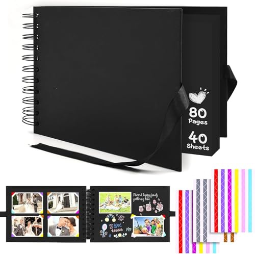 Scrapbook Photo Album 11.42 x 8.46 in, DIY Memory Book Corner Stickers | 80 Pages Personalised Scrapbook for 80-160 Photos, Ideal Wedding, Baby Gift, Travel Adventure Book (Black,A4)