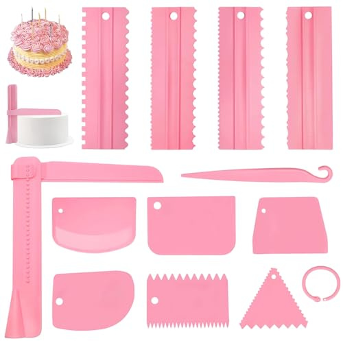 HJ-fuzhou 12 Stück Cake Scraper Set, Kuchenschaber, Kuchen Buttercreme Schaber, Plastik Buttercreme Spachtel, Kuchen Glätter mit 6 KuchengläTter-Schaber für Buttercreme Backwerkzeuge(Rosa)